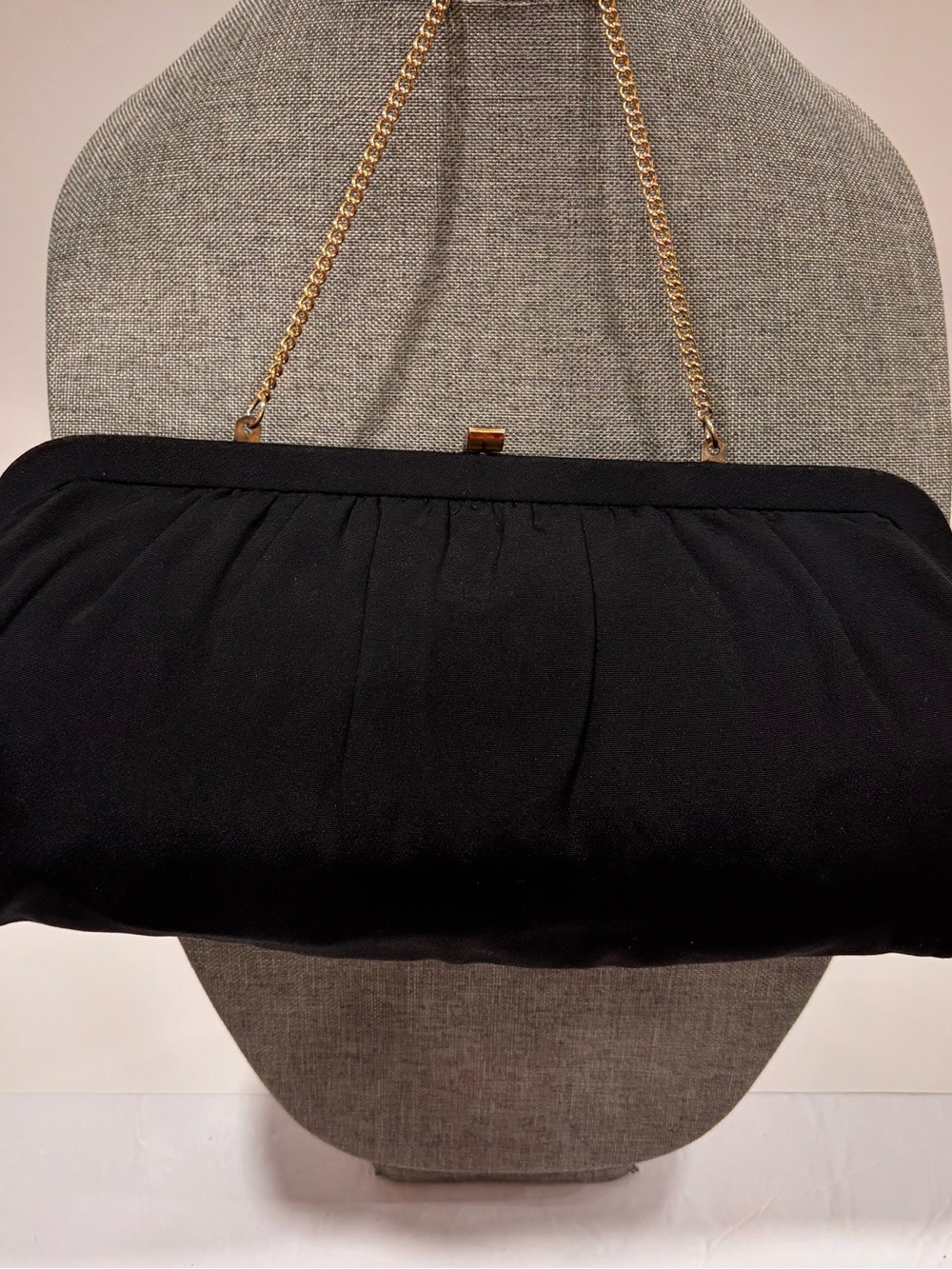 Vintage 1950/60 Faille Black Evening Clutch Gold Foldaway Chain Kiss Lock
